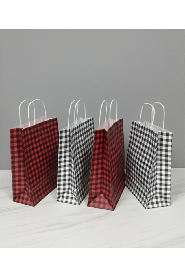 Siyah/Kırmızı Renkli  Ekose Kraft Kağıt Çanta