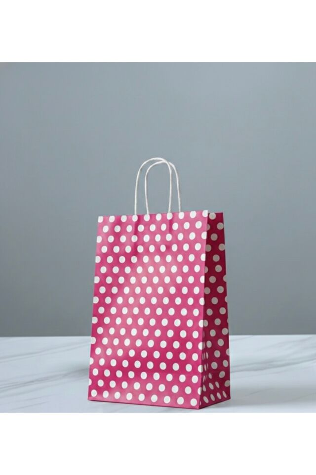 Pembe Renk Beyaz Benekli Kraft Kağıt Çanta
