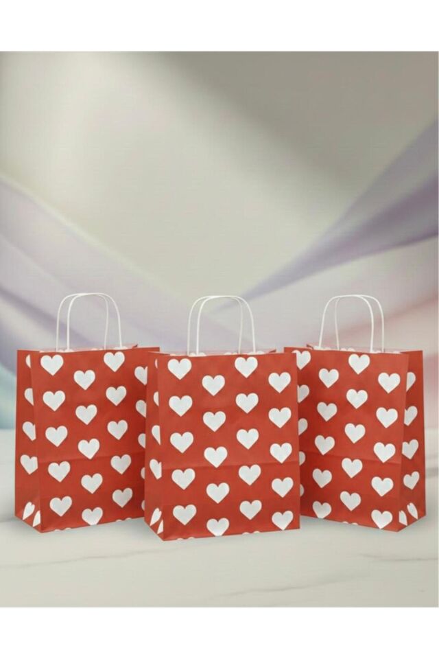 Beyaz Kalp Desenli Kırmızı Kraft Kağıt Çanta