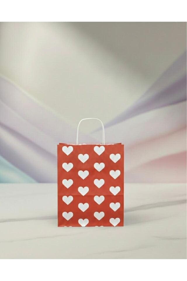 Beyaz Kalp Desenli Kırmızı Kraft Kağıt Çanta
