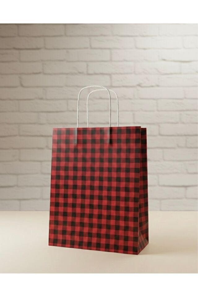 Siyah/Kırmızı Ekose Kraft Kağıt Çanta