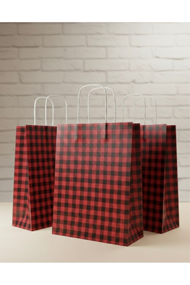 Siyah/Kırmızı Ekose Kraft Kağıt Çanta