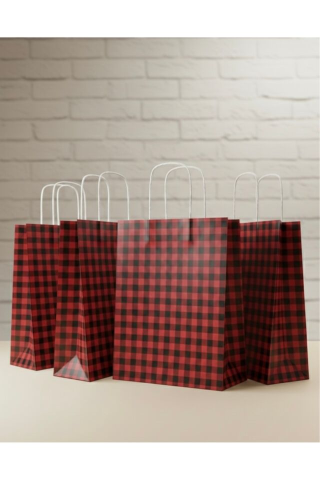 Siyah/Kırmızı Ekose Kraft Kağıt Çanta