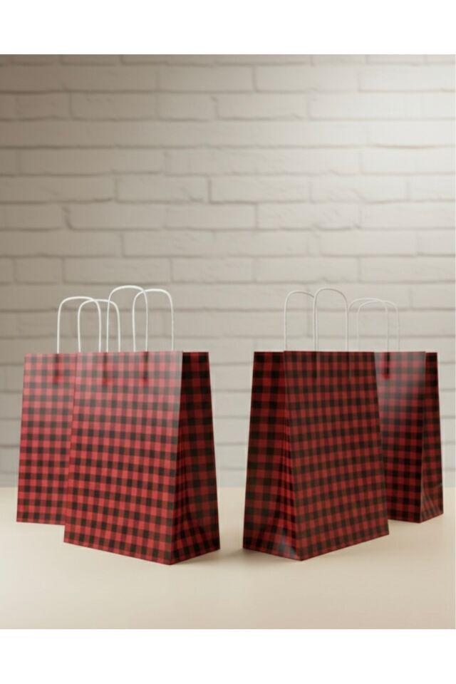 Siyah/Kırmızı Ekose Kraft Kağıt Çanta