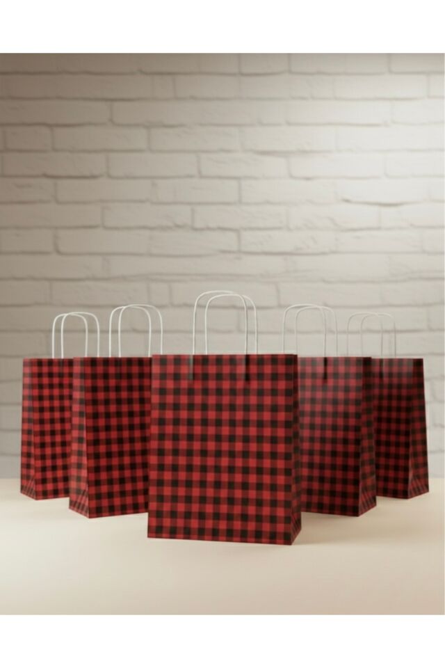 Siyah/Kırmızı Ekose Kraft Kağıt Çanta