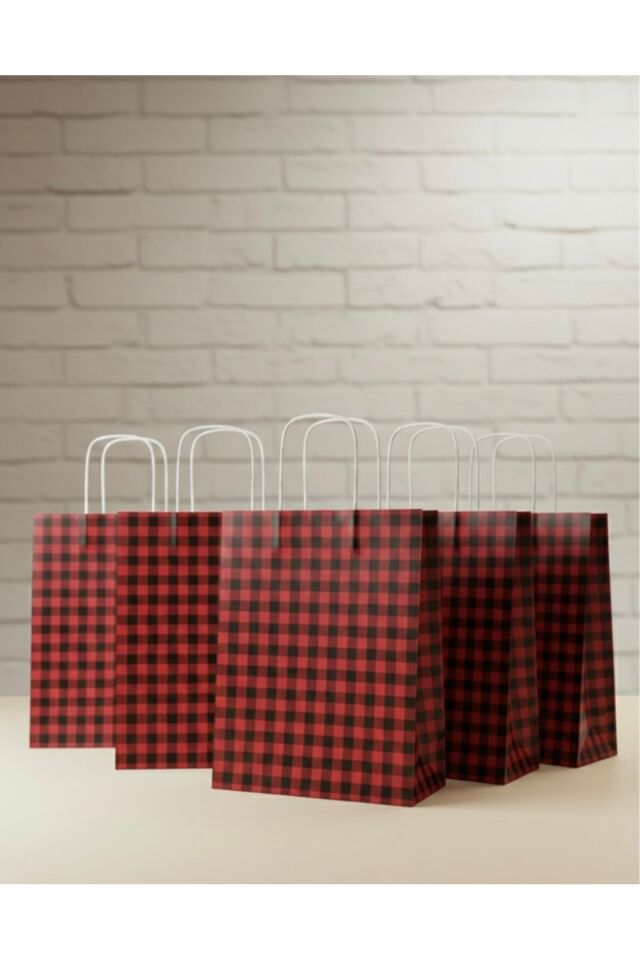 Siyah/Kırmızı Ekose Kraft Kağıt Çanta