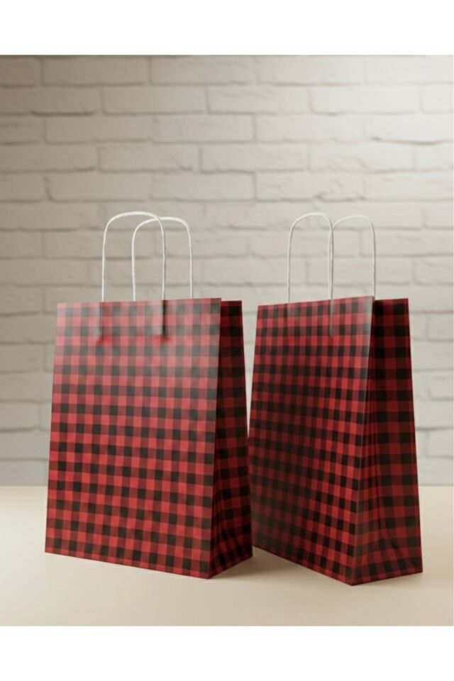 Siyah/Kırmızı Ekose Kraft Kağıt Çanta