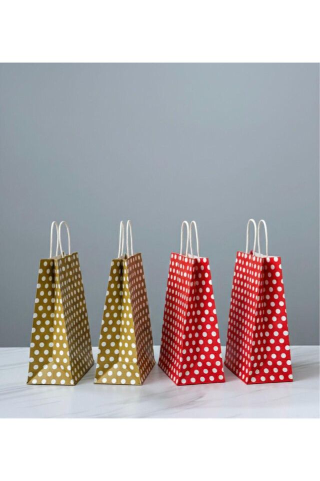 Kırmızı / Gold Renk Beyaz Benekli, Kraft Kağıt Çanta
