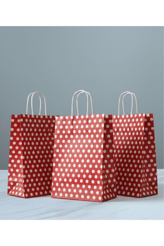 Kırmızı Renk Beyaz Benekli Kraft Kağıt Çanta