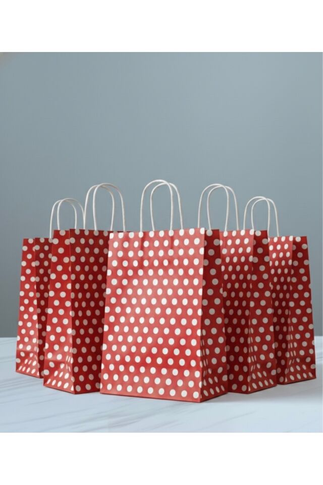 Kırmızı Renk Beyaz Benekli Kraft Kağıt Çanta