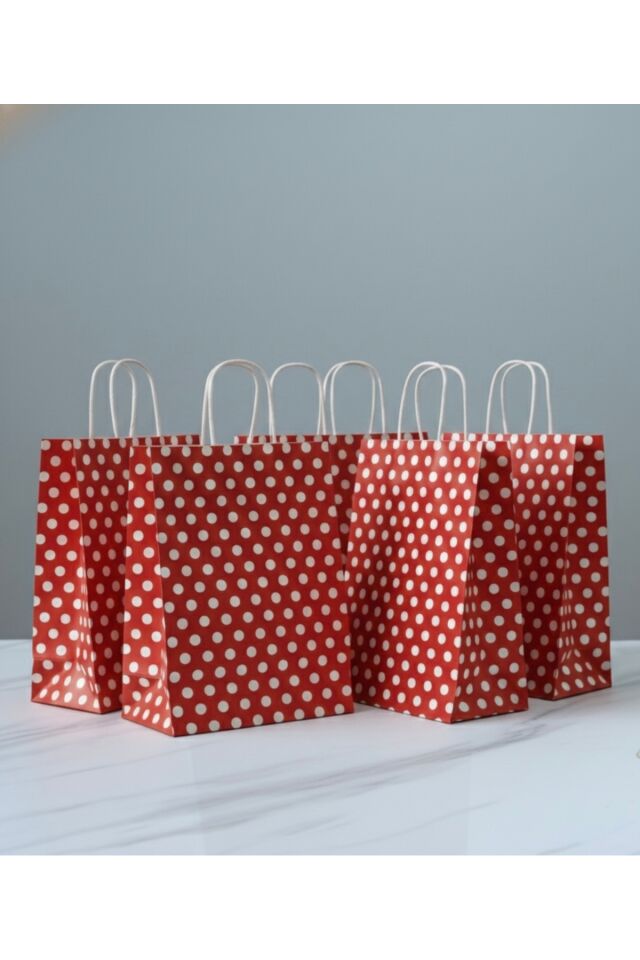 Kırmızı Renk Beyaz Benekli Kraft Kağıt Çanta