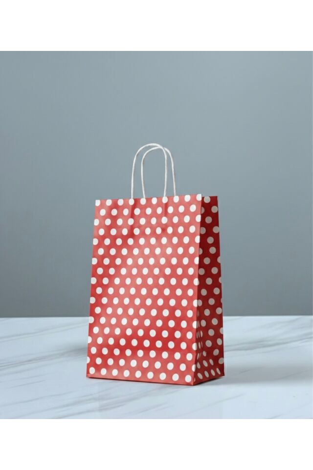 Kırmızı Renk Beyaz Benekli Kraft Kağıt Çanta