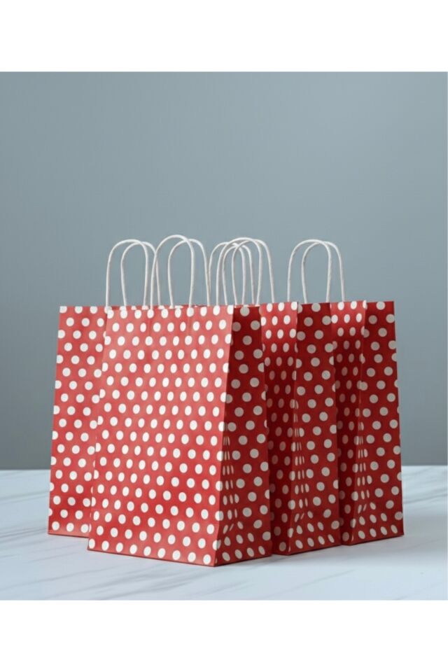 Kırmızı Renk Beyaz Benekli Kraft Kağıt Çanta